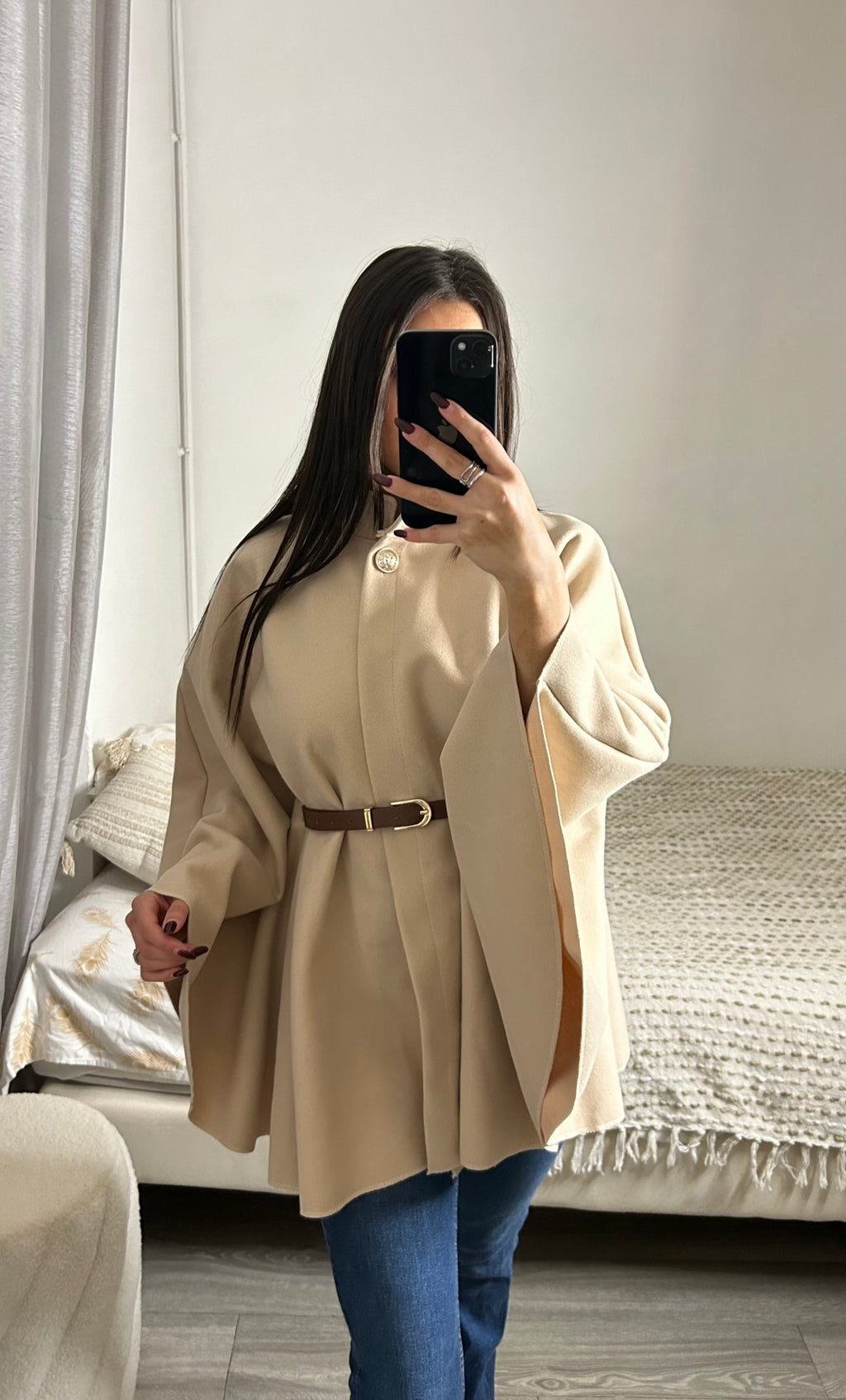 Cape mi-longue ceinturée